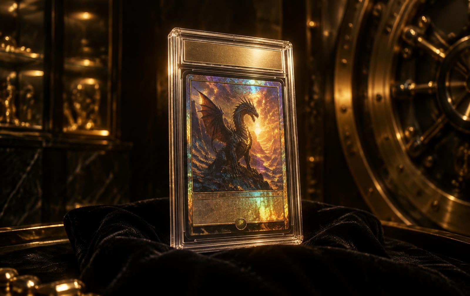 A graded trading card in a protective slab inside a gold vault